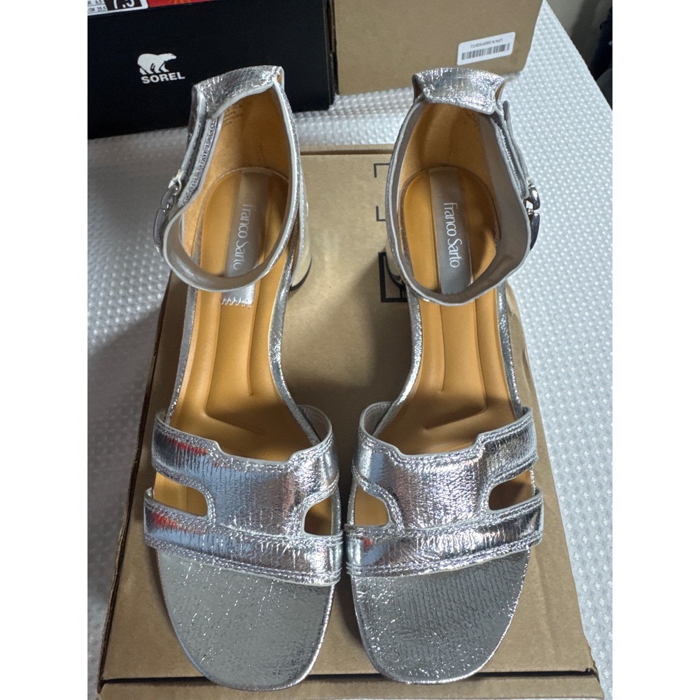 Franco Sarto Sandals Womens 9.5 Nora Silver Metallic Block Heel NWOB